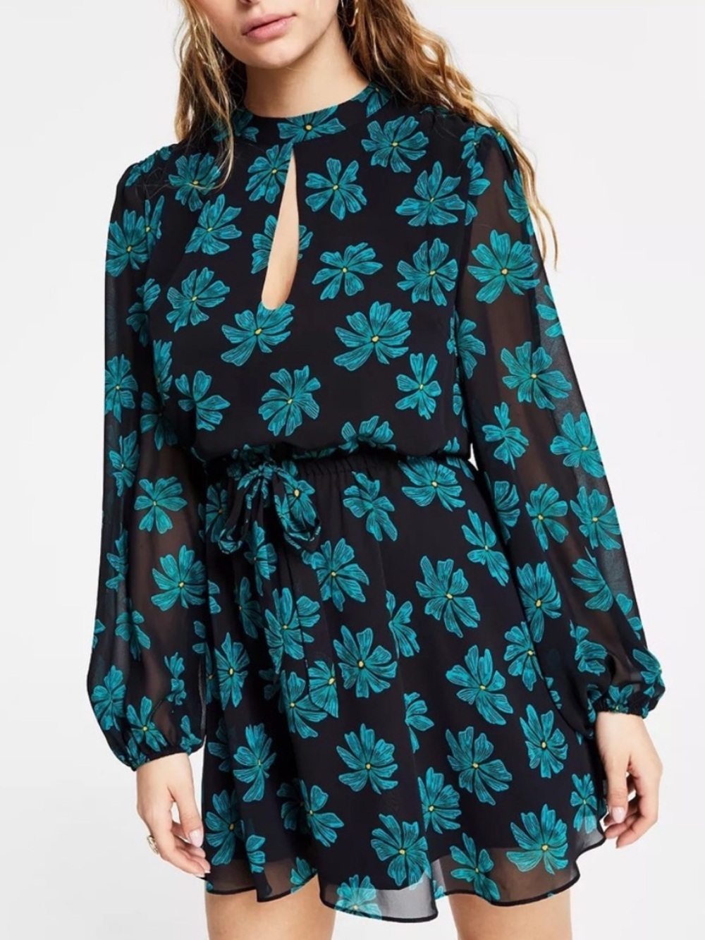 Bar III Floral Keyhole Front Long Sleeve Mini Dress Black Green